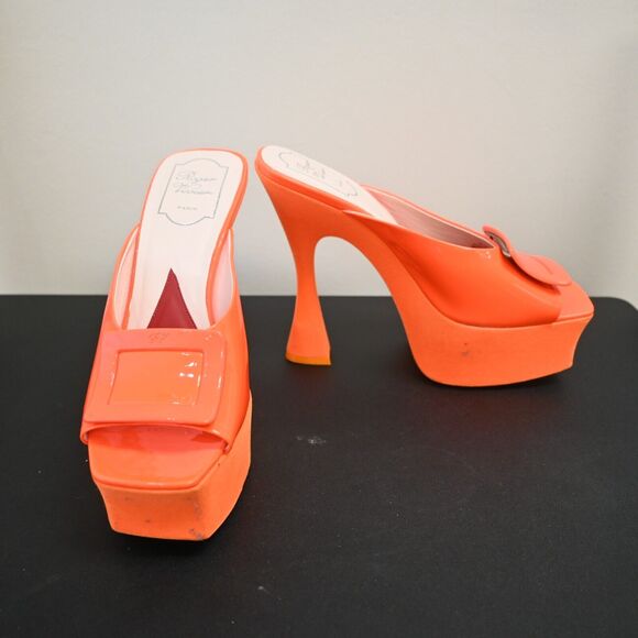 ROGER VIVIER Neon Orange Buckle Platform Heels Size 38 - Picture 12 of 12